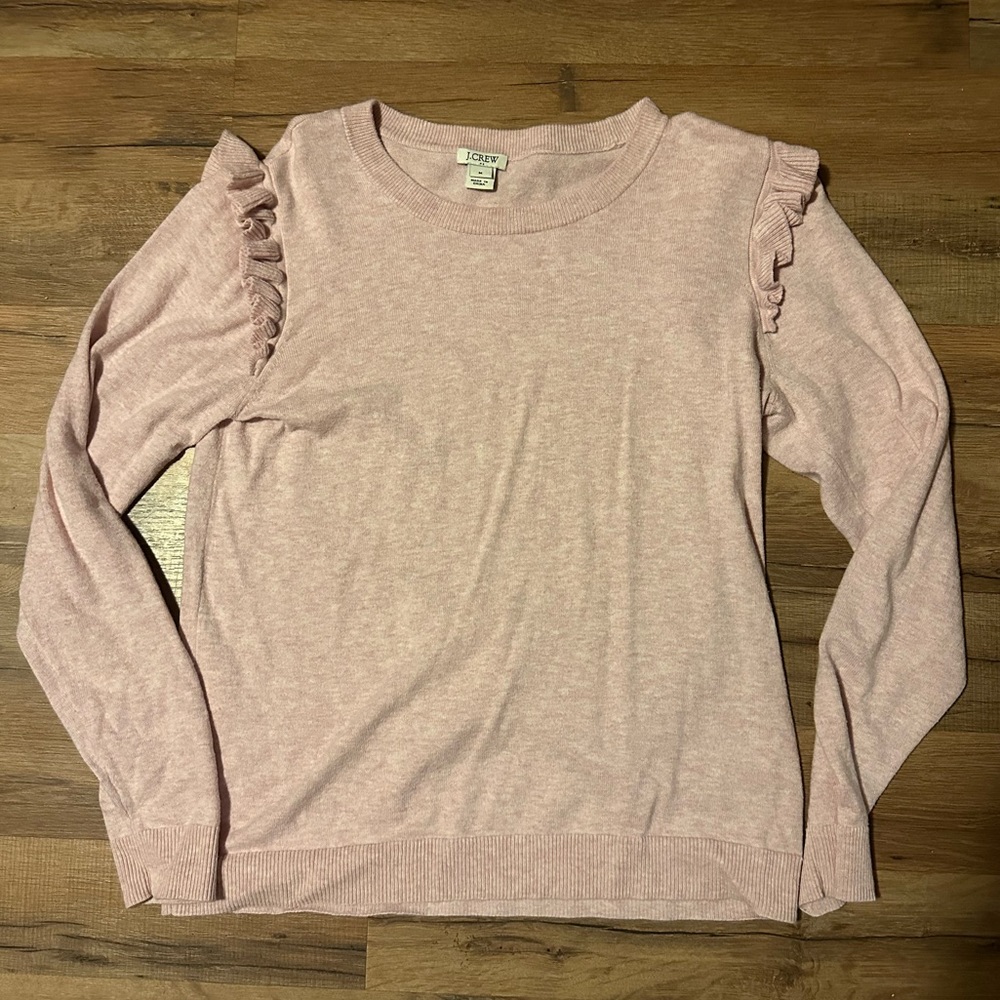 J Crew M Light Pink Ruffle Shoulder Sweater